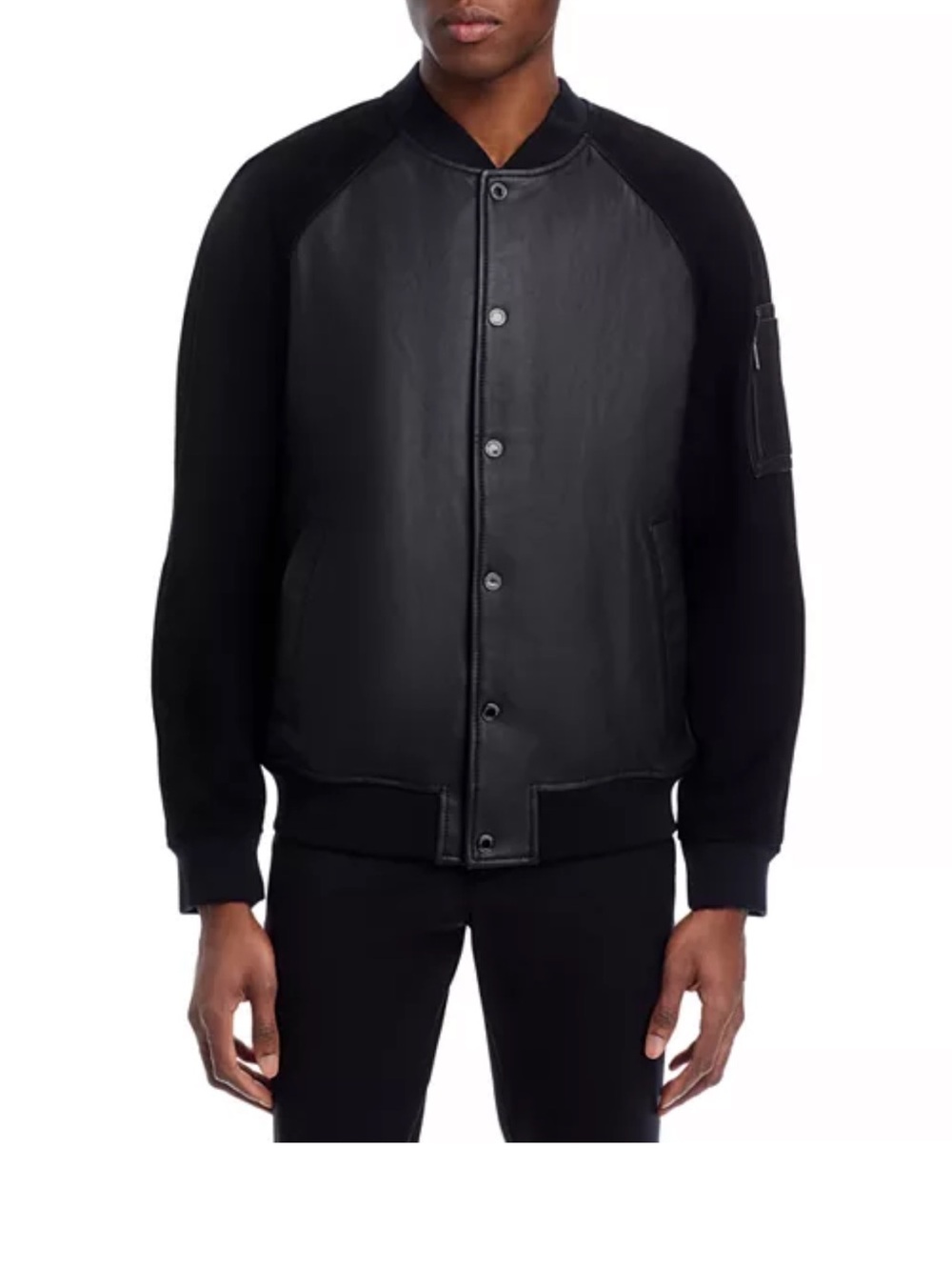 Karl Lagerfeld Black Leather-Front Bomber Jacket
